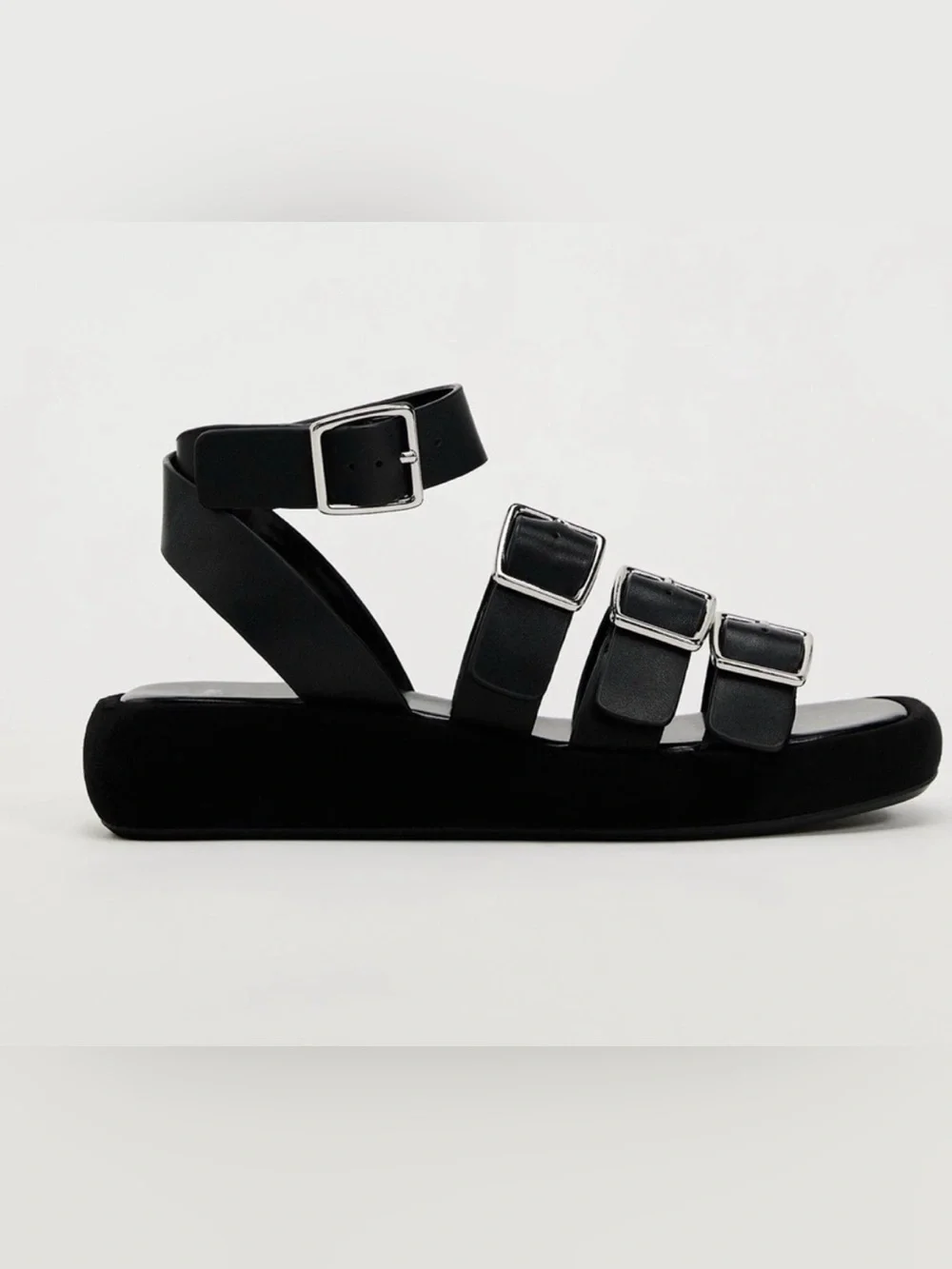 Women’s Zara Black Triple-Strap Buckle Ankle Platform Sandals size 7.5 like new - Picture 3 of 5